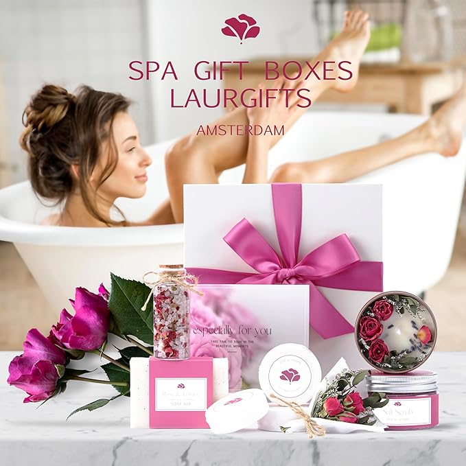 Rose & Jasmine Spa Gift Box for Women – Self Care Gift Basket with Candle, Soap, Bath Salts, Scrub & Shower Steamers – Birthday, Thank You & Relaxing Gifts for Mom, Wife, Sister, Friend