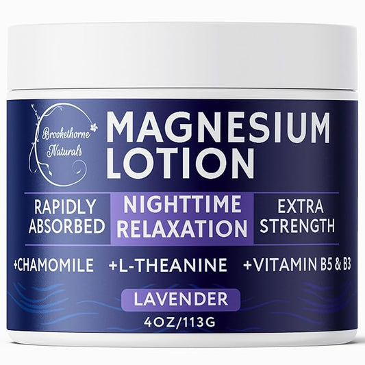 Brookethorne Naturals Nighttime Magnesium Lotion for Sleep | Lavender Magnesium Cream with L-Theanine & Chamomile | Topical Cream for Relaxation Adults & Kids | Non-Greasy, Vegan, Made in USA | 4oz