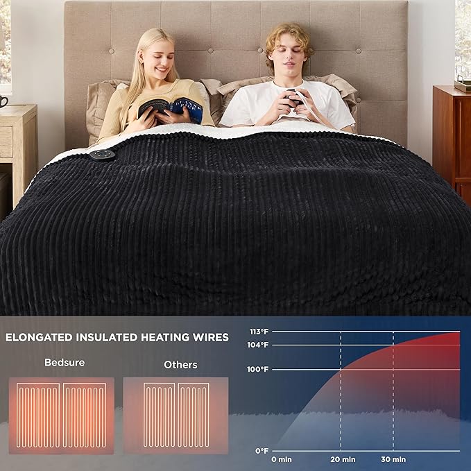 Bedsure GentleSoft Electric Blanket Queen Size - Soft Ribbed Flannel Heated Blanket with Dual Control, Heating with 10 Heat Settings & 10 Time Settings, 8 hrs Timer Auto Shut Off (84x90 inches, Black)