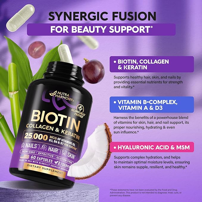 Biotin | Collagen | Hyaluronic Acid | Keratin - Clinically Tested Supplement - Hair Growth Support, Skin & Nails - 25000 mcg Vitamins B2, B3, B6 & B7 + B1 - Made in USA - Women & Men | 60 Capsules