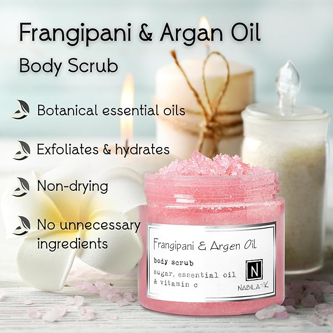 Frangipani & Argan Oil Body Scrub Made in USA with Essential Oil and Vitamin C by Nabila K - Exfoliate and Moisturize for Smooth Skin - Luxury for Women & Men, 10 oz