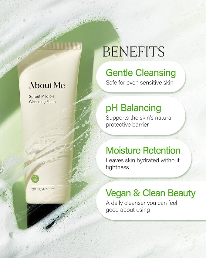 About Me Sprout Mild pH Cleansing Foam – Korean Wheat Broccoli Sprout Extract Face Wash for All Skin Types – Daily Gentle Cleansing with Amino Acids – Korean Skin Care – 4.05oz, 120ml