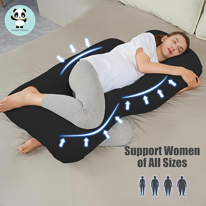 HIPHOP PANDA U-Shaped Pregnancy Pillow for Sleeping - Full Body Maternity Support Pillow with Removable Cover - Comfort for Back, HIPS, Legs, Belly - 57 Inch for Pregnant Women, Black