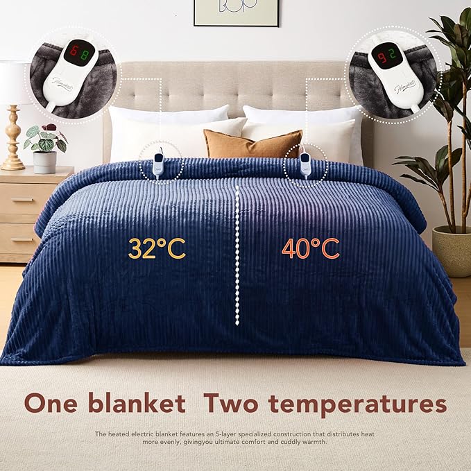 Homemate Electric Heated Blanket King Size - 100"x90" Heating Blanket King Size Dual Control 1/2/4/6/8 Hours Auto-Off 10 Heat Level Over-Heat Protection Soft Flannel Sherpa ETL Certification