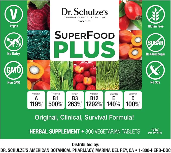 Dr. Schulze's SuperFood Plus | Vitamin & Mineral Herbal Concentrate | Daily Nutrition & Increased Energy | Gluten-Free & Non-GMO | Vegan | 390 Tabs | Packaging May Vary