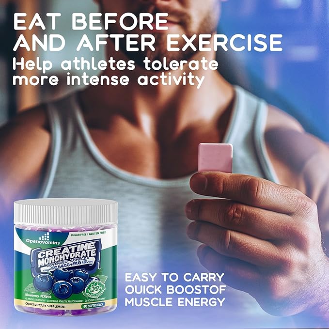 Creatine Monohydrate Soft Chews Complex 6400mg for Men & Women -Advanced Formula W/L-Taurine + Vitamin B12, Sugar Free Chewable Supplement,60 Blueberry Softchews