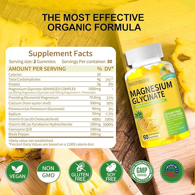 Magnesium Glycinate Gummies 1000mg - Sugar-Free Magnesium Potassium Supplement with Vitamin D, B6, CoQ10 for Adults & Kids,High Absorption for Calm Mood & Sleep Support - 60 Pineapple Gummies