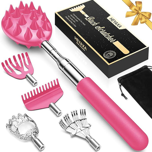 Upgraded Reinforced Telescoping Back Scratcher with 5 Detachable Heads, Larger Scratching Tips, Stocking Stuffer & White Elephant Gifts for for Men Women Adults