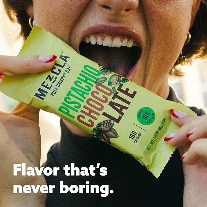 Mezcla Puff Crispy Protein Bars, Gluten Free & Vegan Protein Bars, 10g Protein, Alt for Pistachio Dubai Chocolate Bar, Granola Bars & Breakfast Bars, Healthy Snacks for Adults, Pistachio Chocolate, 12 Pack