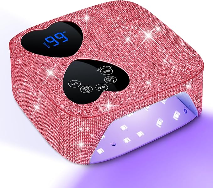 UV LED Nail Lamp Cordless, HUITINE 80W Rechargeable UV Light for Gel Nails with 5 Timers & Mirror Base, Professional Gel Light Dryer, Sparkling Rhinestones Curing Lamp for Salon & Home (Pink Diamond)