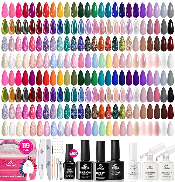 Beetles Nail Nook Gel Nail Polish Set - 119 PCS 100 Colors Gel Polish Kit Base Glossy Matte Glitter Top Coat Glitter Pearl Cat Eye White Red Pink Nude Uv Led Nails Gift for Women
