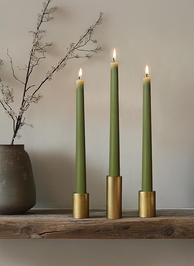6 PK 10" Classic Taper Candles, Moss Green, 7-8 Hours Long Burning, Unscented Tall Candlesticks
