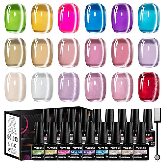 MTSSII Jelly Cat Eye Gel Nail Polish Set 18PCS, Neon Moonlight Glass Crystal Magnetic Gel Polish Pink Purple Red Blue Yellow Colors Nail Polish with Magnet Soak Off UV Art Gift for Women Girls
