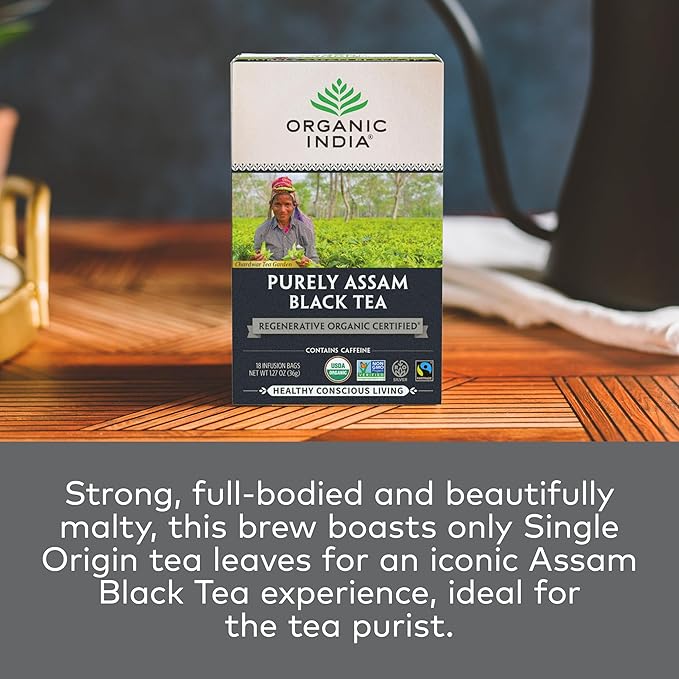 Organic India Purely Assam Black Tea - Caffeinated Herbal Tea Bags with Natural Assam Leaves, Enjoy with Milk & Sweetener, USDA Organic, Non-GMO, Fairtrade Certified - 18 Bags (Pack of 6)