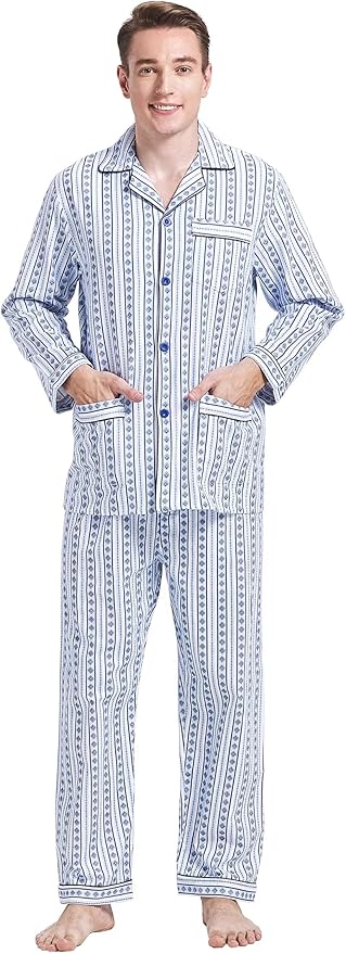 GLOBAL Men's Pajamas Sets 100% Cotton Flannel Sleepwear Long-Sleeve top & Bottom