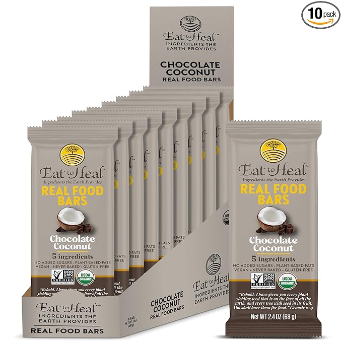EatToHeal Chocolate Coconut Real Food Bar - Organic Vegan Healthy Gluten Free Protein Bars - Low Sugar Meal Replacement Bar, Non GMO, Never Baked, Plant Based - Crafted to Enjoy, Not Sit on Shelves