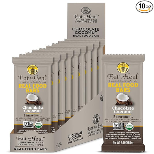 EatToHeal Chocolate Coconut Real Food Bar - Organic Vegan Healthy Gluten Free Protein Bars - Low Sugar Meal Replacement Bar, Non GMO, Never Baked, Plant Based - Crafted to Enjoy, Not Sit on Shelves