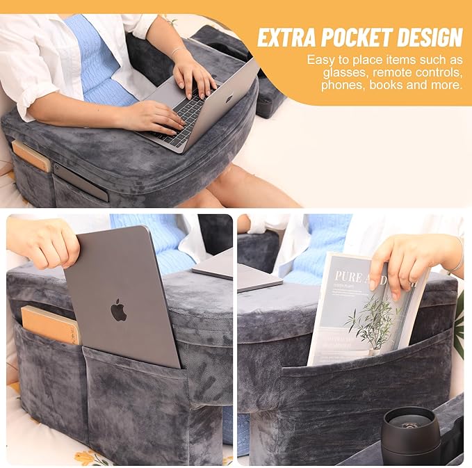 Reading Pillow & Gaming Pillow for Lap, Lap Desk Pillow for Gaming with Coaster, Soft Arm Rest Pillow for Adult, Memory Foam Rest Pillows for Reading, Working, Sitting in Floor Sofa, Grey