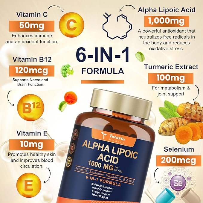 Totaria Alpha Lipoic Acid 1000mg - ALA Supplement Antioxidant for Neuropathy Support Nerve Health, Liver Detox, Antioxidant, Metabolism and Cell Energy, Anti-Aging - Non-GMO, Gluten Free, Vegan Safe