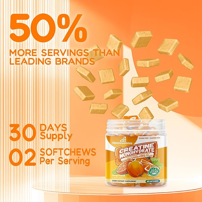 Creatine Monohydrate Soft Chews Complex 6400mg for Men & Women -Advanced Formula W/L-Taurine + Vitamin B12, Sugar Free Chewable Supplement,60 Orange Softchews