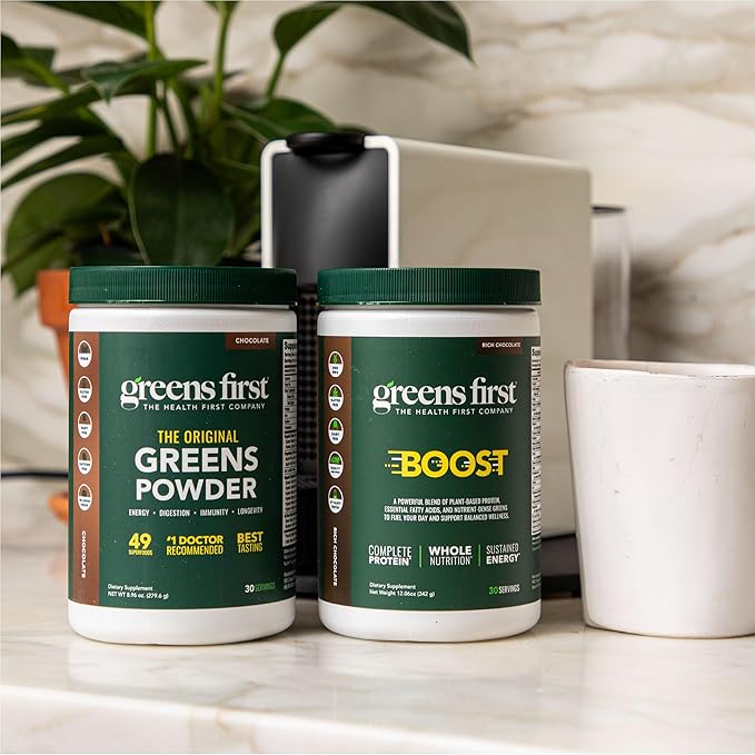 Greens First Boost - Plant-Based Protein & Balanced Nutrition - Superfood Shake Mix - No Wheat or Soy - Dairy-Free - Vegan - Dutch Chocolate, 12.28 oz.