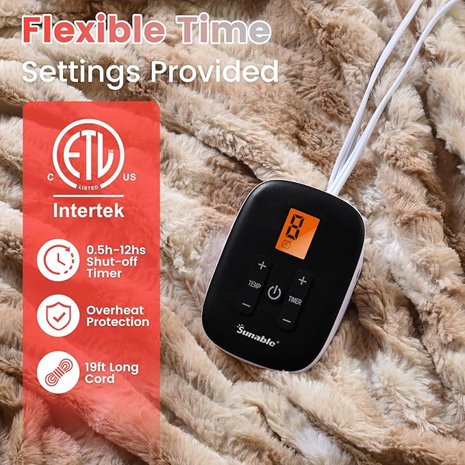 Sunable Heated Electric Blanket - Machine Washable Blanket with Time Settings 10 Heat Settings Twin Size 62×84 inches Beige - Faux Fur