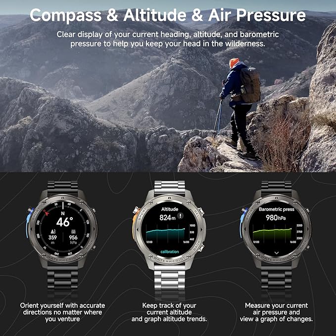 GPS Smart Watch for Men Military Rugged Smartwatches,Compass,50M Waterproof, 500mAh Large Battery,Answer/Make Call, 1.43" AMOLED Screen, Compatible for Android iOS (2 Bands) Black