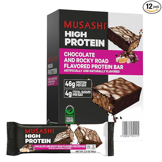 MUSASHI High Protein Bar, 45g Protein, 2g Total Sugars, Rocky Road, Post Workout and Protein Snack On The Go, 12 Pack of 3.2oz (90g) Bars
