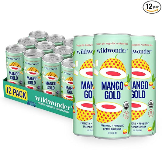 wildwonder Sparkling Probiotic Drink 12pk, For Gut Health & Immune Support, Mango Gold, 5g Prebiotic Fiber, Live Probiotics, Organic, Vegan, Low Sugar, 12 Pack, 12oz Can, As Seen on Shark Tank