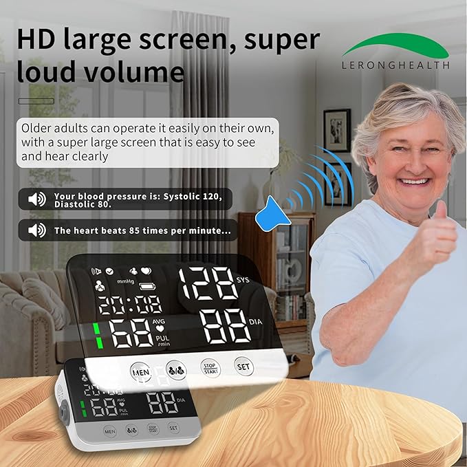 Digital Upper Arm Blood Pressure Monitor for Home Use, Rechargeable, Large LED Display, Systolic Diastolic Pulse Reading, Voice Broadcast, 240 Memory Storage for 2 Users，FDA Cleared