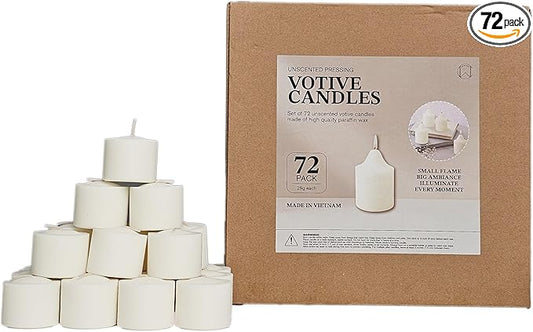 CW Studio Unscented Pressing Votive Candles – Long Hours Burn, Smokeless & Dripless – Premium Wax with Cotton Wick – Perfect for Weddings, Events, Home & Romantic Décor (72, White, 1.2x1.45 inches)