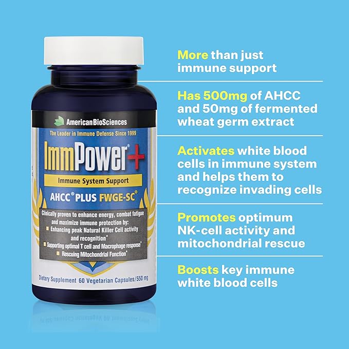 American BioSciences ImmPower Plus, AHCC & Fermented Wheat Germ Extract Herbal Supplement, 550mg per Capsule for Immune Support, Maintains Natural Killer Cell Activity, Pack of 1, 60 Veggie Capsules