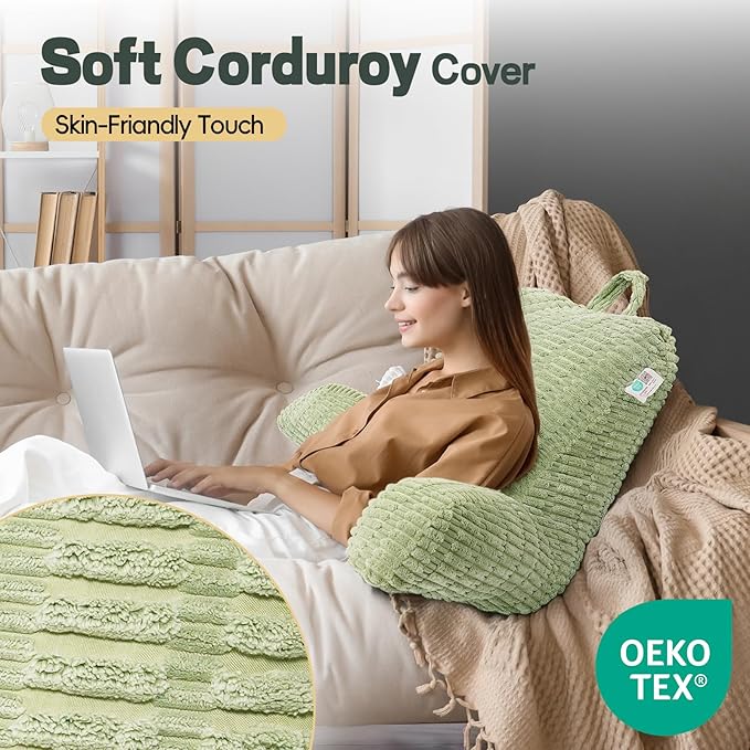 21" Higher Large Reading Pillow for Bed Adult, Back Pillow for Bed Sitting Up with Memory Foam Back Support with Arms Rest for Couch Chair Green