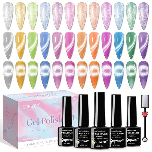 12 Colors Cat Eye Gel Nail Polish - Macaron Candy Magnetic Nail Polish Gel Set Summer Spring Cateye UV Lamp Cure Require DIY Salon Home Gift