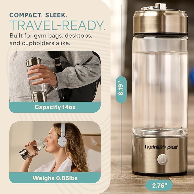 Lifepro HydroLife Plus Alkaline + Hydrogen Water Bottle Generator – SPE/PEM Technology with Water Ionizer Filter – Portable Rechargeable Glass Bottle for Daily Wellness – 420ml Capacity