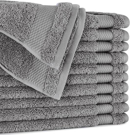 BIOWEAVES 100% Organic Cotton 700 GSM Plush Washcloths 13" x 13" GOTS Certified - Light Grey, Pack of 12