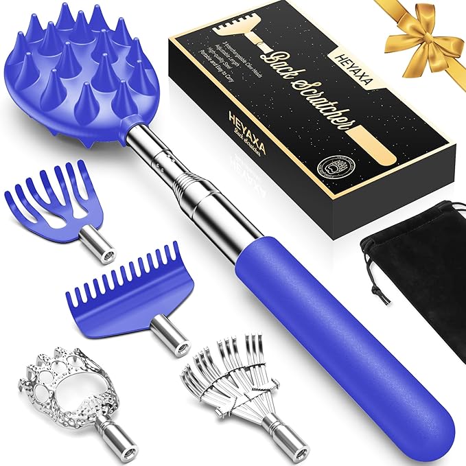 Upgraded Reinforced Telescoping Back Scratcher with 5 Detachable Heads, Larger Scratching Tips, Stocking Stuffer & White Elephant Gifts for for Men Women Adults