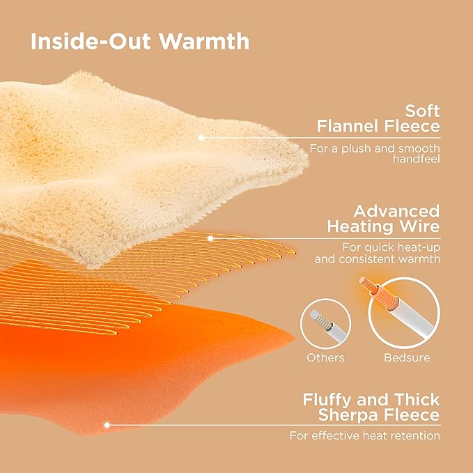 Bedsure Electric Blanket Twin Size - Super Soft Flannel Sherpa Heated Blanket with Bubble Pattern, Heating with 6 Heating Levels, 10 Time Settings, and 8-Hour Auto-Off (Light Brown, 62x84 inches)