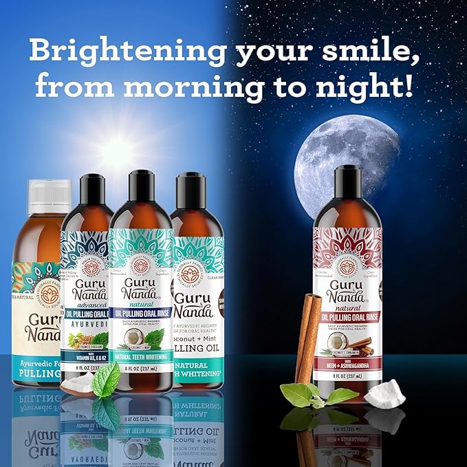 GuruNanda Coconut Oil Dental Care: Whitening Strips + Oil Pulling - Helps Brighten Teeth, Freshen Breath, Healthy Gums - 14 Strips + 8oz for Complete Oral Care