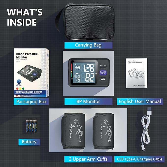 Blood Pressure Machine Upper Arm, 2 Size Cuffs M/L and XL, Medium/Large 9"-17" and Extra Large XL 13"-21", Accurate Automatic Digital BP Monitor, Large Backlit LCD, 2-User 1000 Memories, U85H