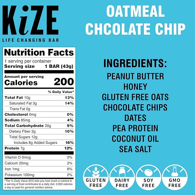 KiZE Energy Bars - Oatmeal Chocolate Chip - 20-Count - Gluten Free, Dairy Free, Non-GMO, and High Protein Meal Replacement Energy Bars, Clean and Simple Food Ingredients - 7g High Protein Snacks (20 Count)