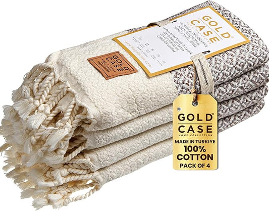 Gold CASE Turkish Hand Towels for Bathroom Set of 4 – 20 x 40'' – 100% Cotton Bathroom Towels – Aphrodite Kitchen Small Towel for Spa, Face, Tea & Dishcloth – Decorative Patterned Weave – Brown