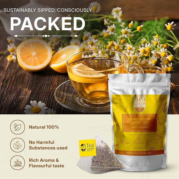 Honey Lemon Green Tea Bags (50 Count), Chamomile, Lemon & Honey Extract, Caffeinated, Real Green Tea, Blended Herbs & Spices, Gluten Free