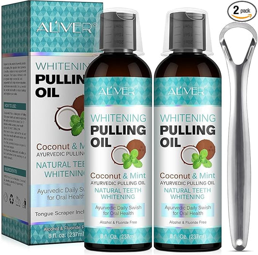 Coconut Oil Pulling for Fresh Breath and Oral Hygiene - Ayurvedic Expert Formulated | Supports Healthy Gums | Natural - Includes Tongue Scraper and Measuring Cup - 8 oz - 2 Packs