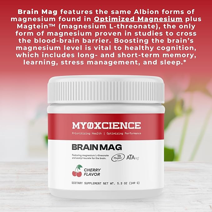 Brain Mag Magtein Magnesium L-threonate | Supports Brain Health w/Magnesium Glycinate 60 Servings (Cherry)