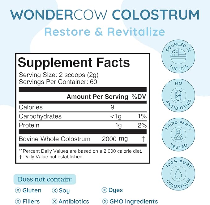 Colostrum Supplement Powder for Gut Health, Immune Support, Muscle Recovery & Wellness | Natural IgG Pure Whole Bovine Colostrum Superfood, Unflavored, 60 Servings