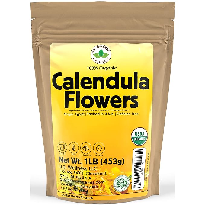 Calendula Tea 1LB (16Oz) 100% CERTIFIED Organic Whole Flower Herbal Tea (Calendula Officinalis), Caffeine Free in 1 lbs. Bulk Resealable BPA-free Bags from U.S. Wellness
