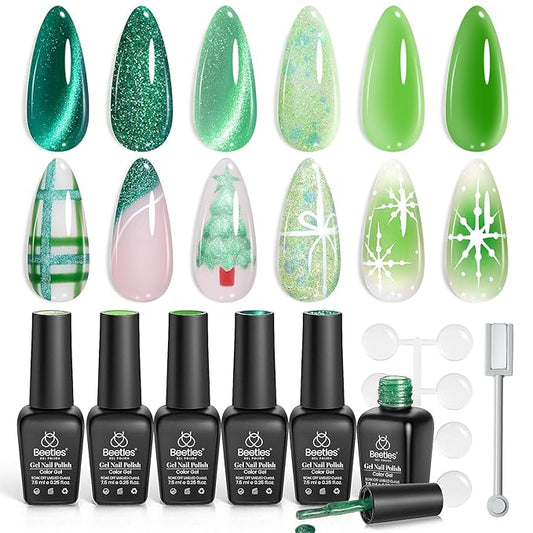 beetles Gel Polish Christmas Green Gel Nail Polish Set 6 Winter Colors Cat Eye Jelly Glitter for Salon Manicure Nail Art DIY at Home UV LED Needed Gifts for Women Girls Enchanted Forest