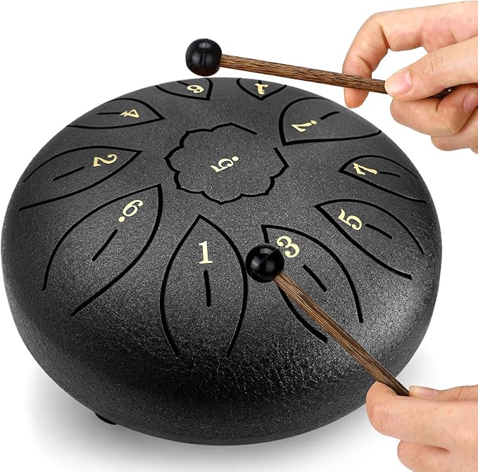 Facmogu Steel Tongue Drum, 6 Inch 11 Notes Rain Drum for Outside, Handpan Drums with Bag, Sticks, Finger Picks, Percussion Instrument for Meditation Yoga Musical Education Concert Mind Healing - Black