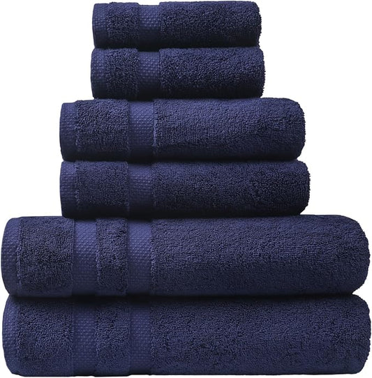 SOFE H&L | Olea Luxury Turkish Cotton Bath Towels Set of 6 : 2 Bath Towels 2 Hand Towels 2 Wash Cloths, Navy | Thick, Premium, Soft, Durable, Absorbent - Hotel Quality Towel Sets for Bathroom